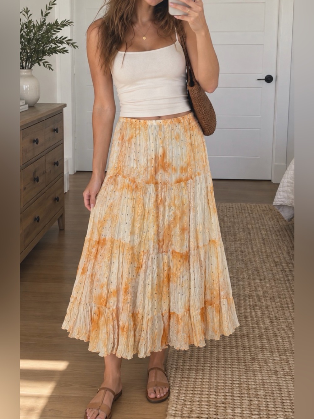 Vintage Boho Fairycore Tie Dye Sequin Tiered Midi Skirt Cream Orange Size L